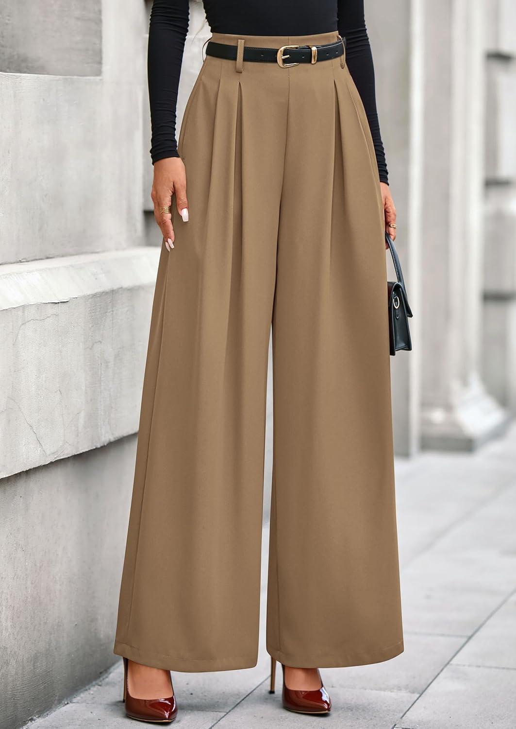 imagePRETTYGARDEN Womens Fall Wide Leg Trousers 2026 High Elastic Waist Loose Pleated Long Flowy Palazzo Work Pants with PocketsKhaki