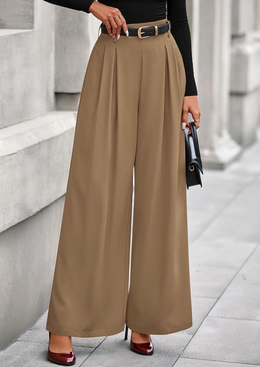 imagePRETTYGARDEN Womens Fall Wide Leg Trousers 2026 High Elastic Waist Loose Pleated Long Flowy Palazzo Work Pants with PocketsKhaki