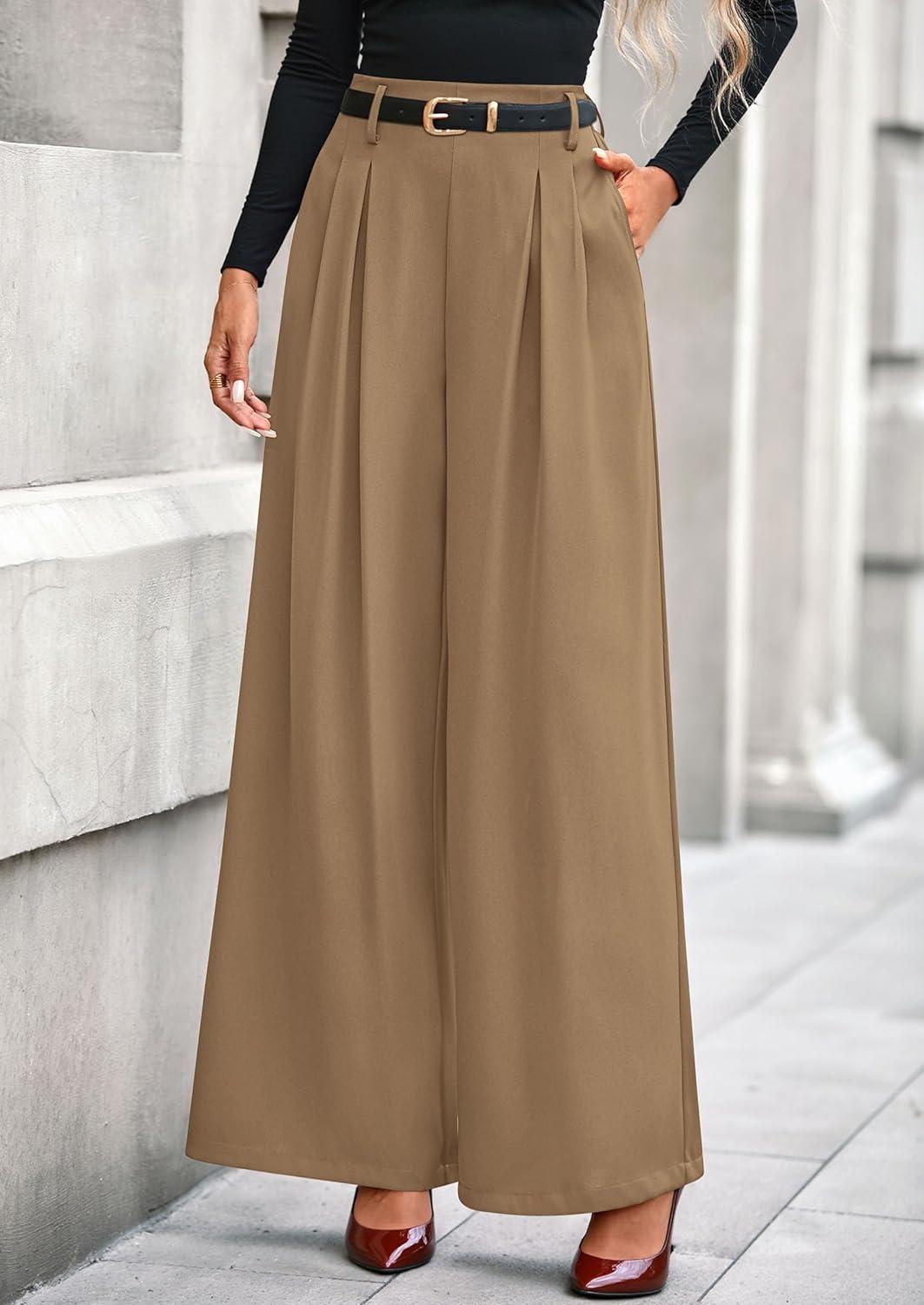 imagePRETTYGARDEN Womens Fall Wide Leg Trousers 2026 High Elastic Waist Loose Pleated Long Flowy Palazzo Work Pants with PocketsKhaki