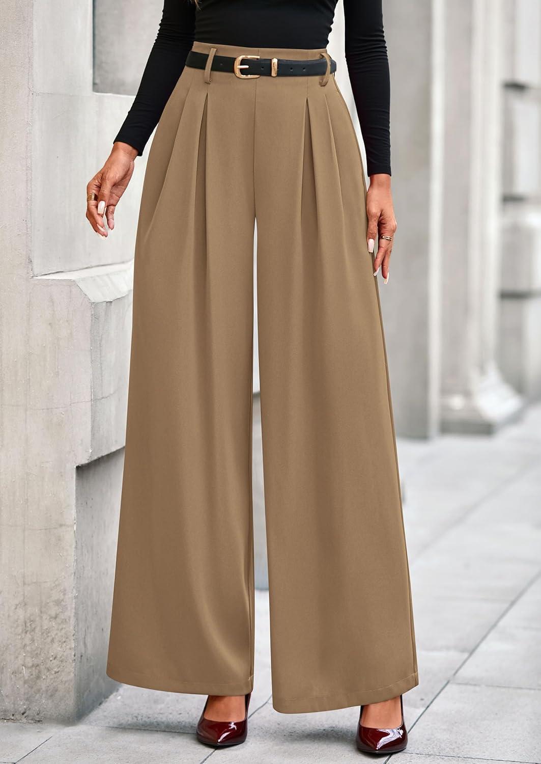 imagePRETTYGARDEN Womens Fall Wide Leg Trousers 2026 High Elastic Waist Loose Pleated Long Flowy Palazzo Work Pants with PocketsKhaki