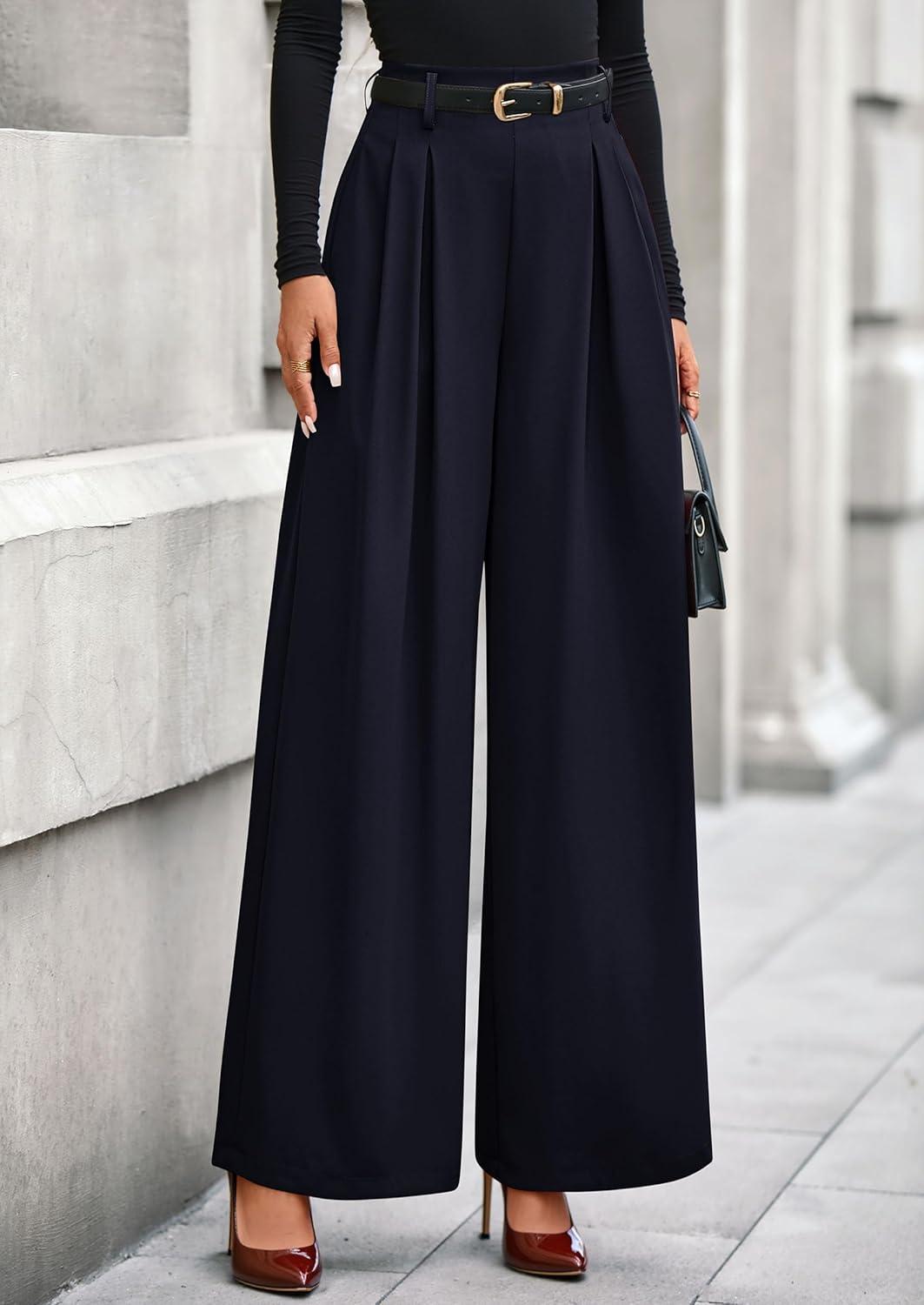 imagePRETTYGARDEN Womens Fall Wide Leg Trousers 2026 High Elastic Waist Loose Pleated Long Flowy Palazzo Work Pants with PocketsNavy