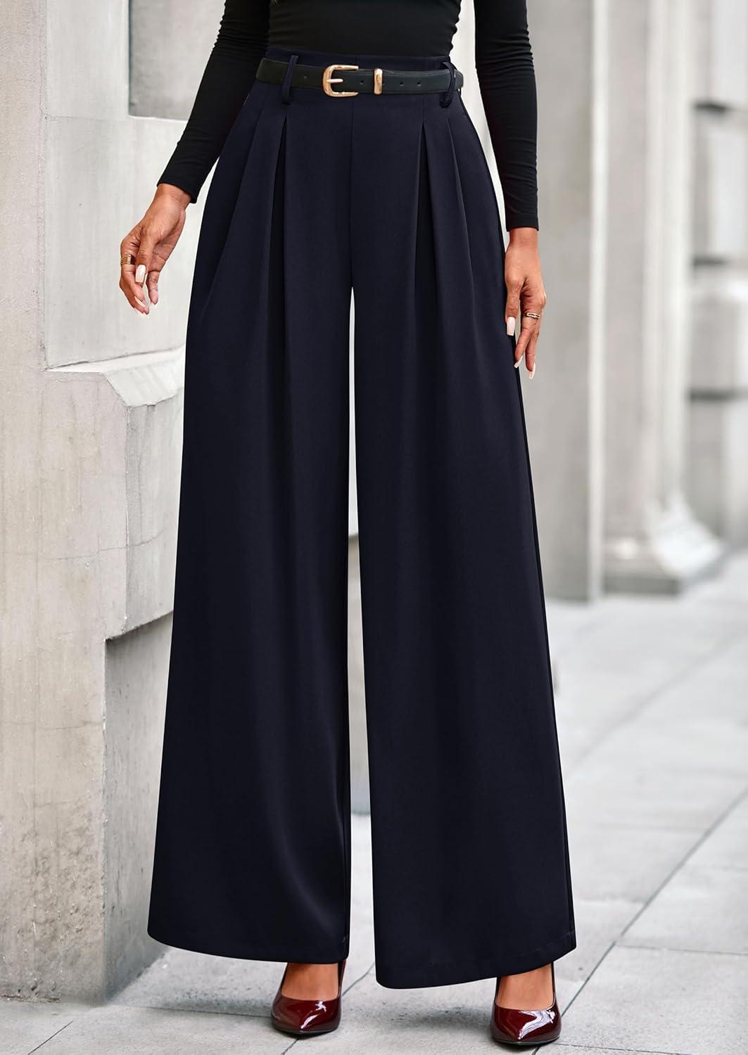 imagePRETTYGARDEN Womens Fall Wide Leg Trousers 2026 High Elastic Waist Loose Pleated Long Flowy Palazzo Work Pants with PocketsNavy