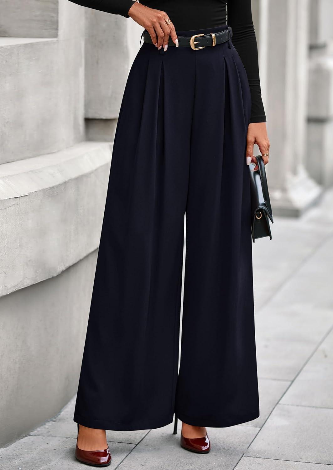 imagePRETTYGARDEN Womens Fall Wide Leg Trousers 2026 High Elastic Waist Loose Pleated Long Flowy Palazzo Work Pants with PocketsNavy