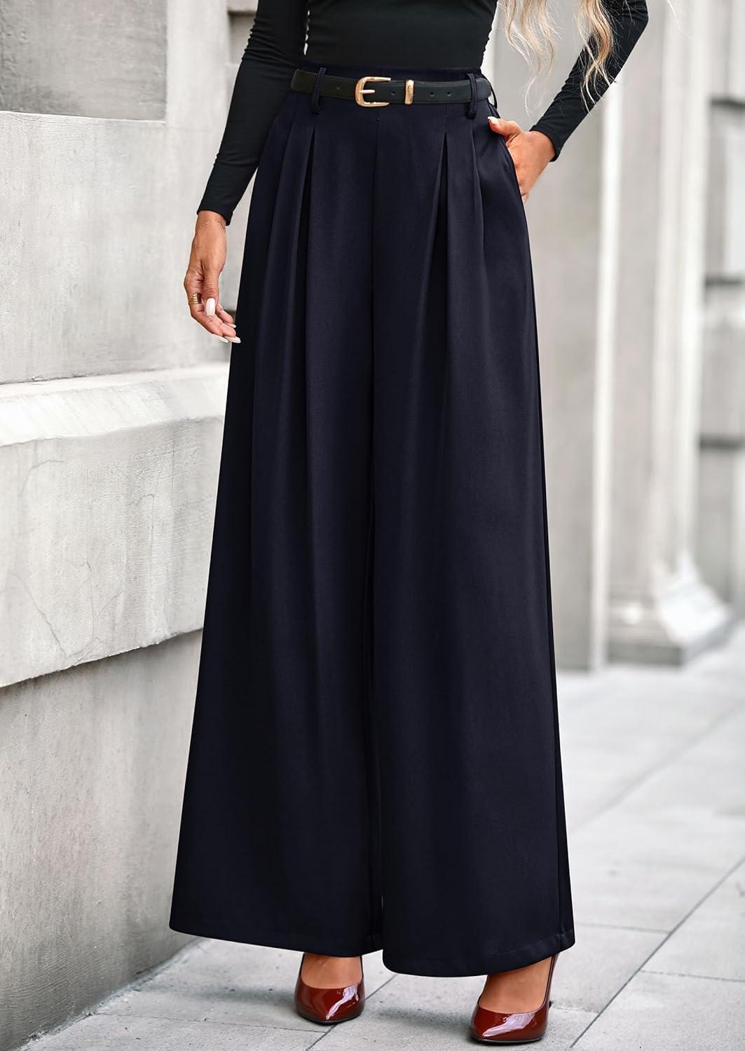 imagePRETTYGARDEN Womens Fall Wide Leg Trousers 2026 High Elastic Waist Loose Pleated Long Flowy Palazzo Work Pants with PocketsNavy