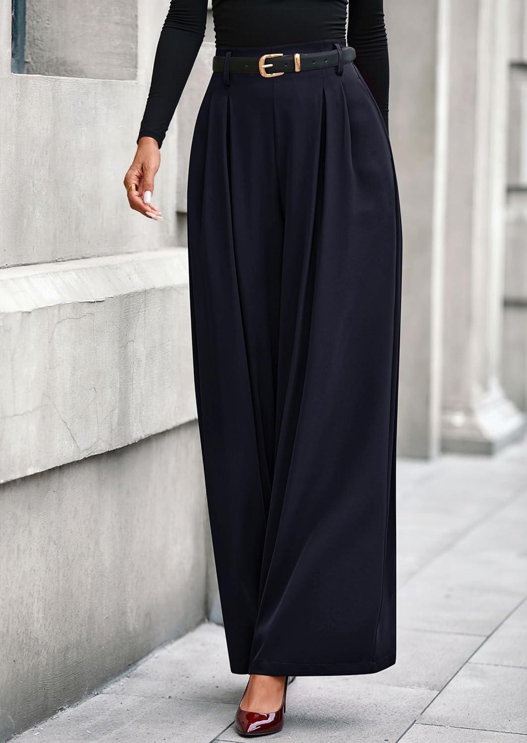 imagePRETTYGARDEN Womens Fall Wide Leg Trousers 2026 High Elastic Waist Loose Pleated Long Flowy Palazzo Work Pants with PocketsNavy