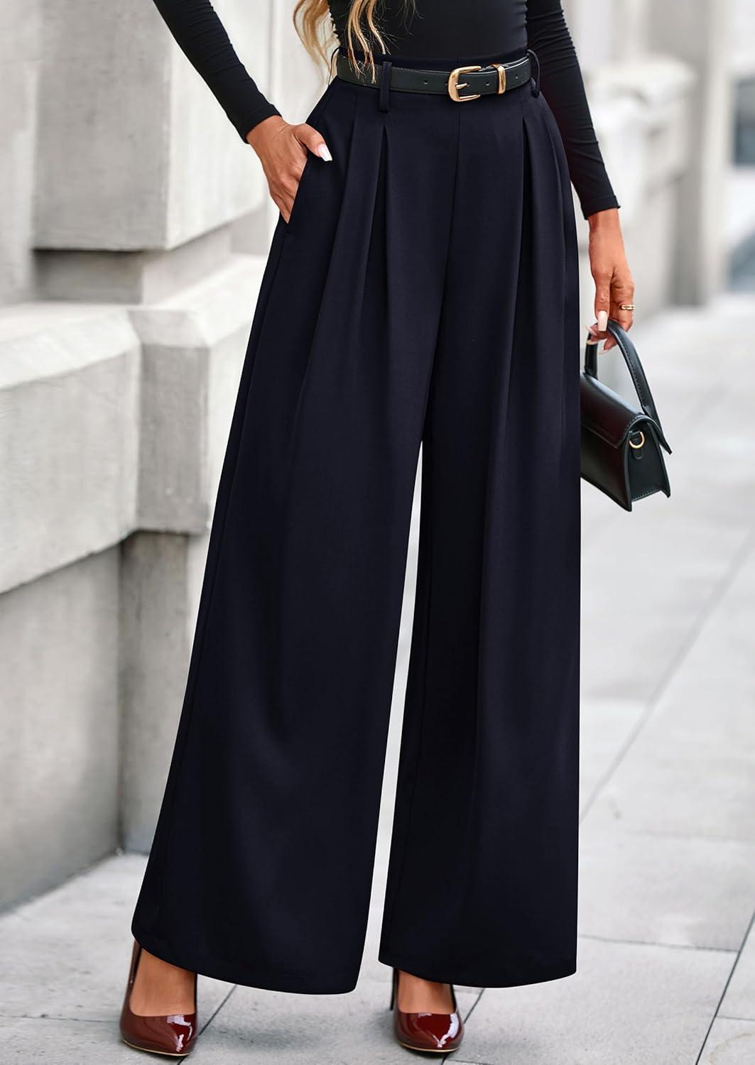 imagePRETTYGARDEN Womens Fall Wide Leg Trousers 2026 High Elastic Waist Loose Pleated Long Flowy Palazzo Work Pants with PocketsNavy