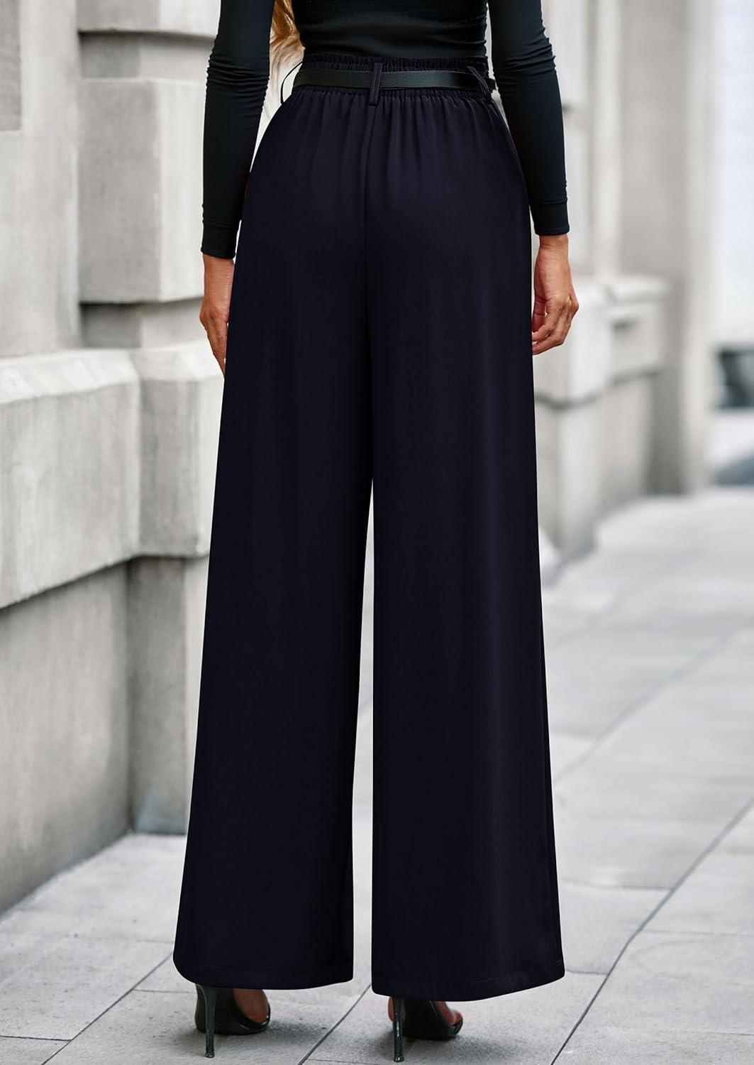 imagePRETTYGARDEN Womens Fall Wide Leg Trousers 2026 High Elastic Waist Loose Pleated Long Flowy Palazzo Work Pants with PocketsNavy