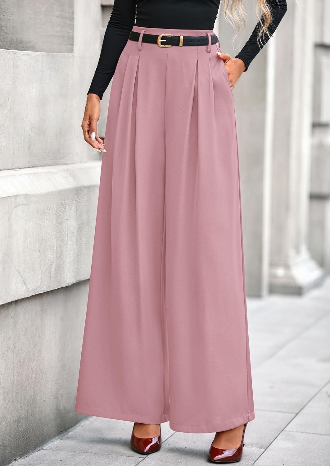 imagePRETTYGARDEN Womens Fall Wide Leg Trousers 2026 High Elastic Waist Loose Pleated Long Flowy Palazzo Work Pants with PocketsPink