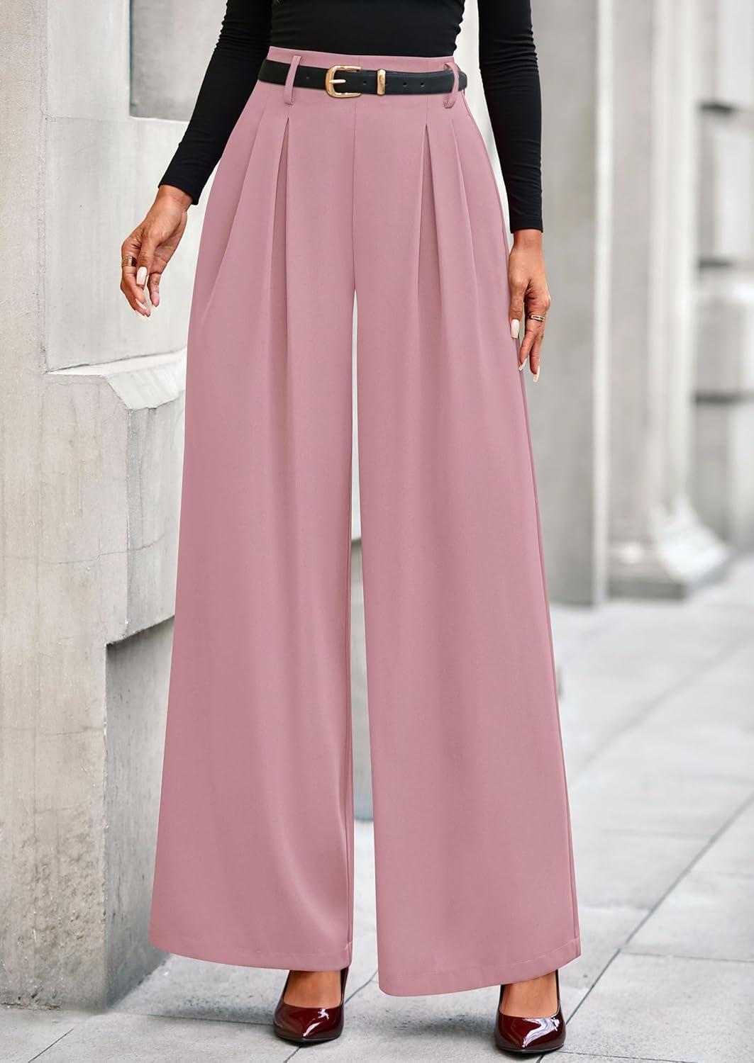 imagePRETTYGARDEN Womens Fall Wide Leg Trousers 2026 High Elastic Waist Loose Pleated Long Flowy Palazzo Work Pants with PocketsPink