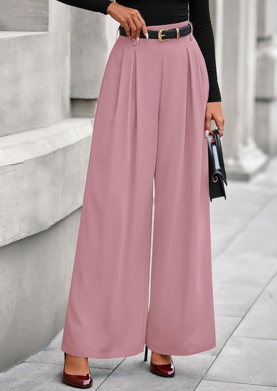 imagePRETTYGARDEN Womens Fall Wide Leg Trousers 2026 High Elastic Waist Loose Pleated Long Flowy Palazzo Work Pants with PocketsPink