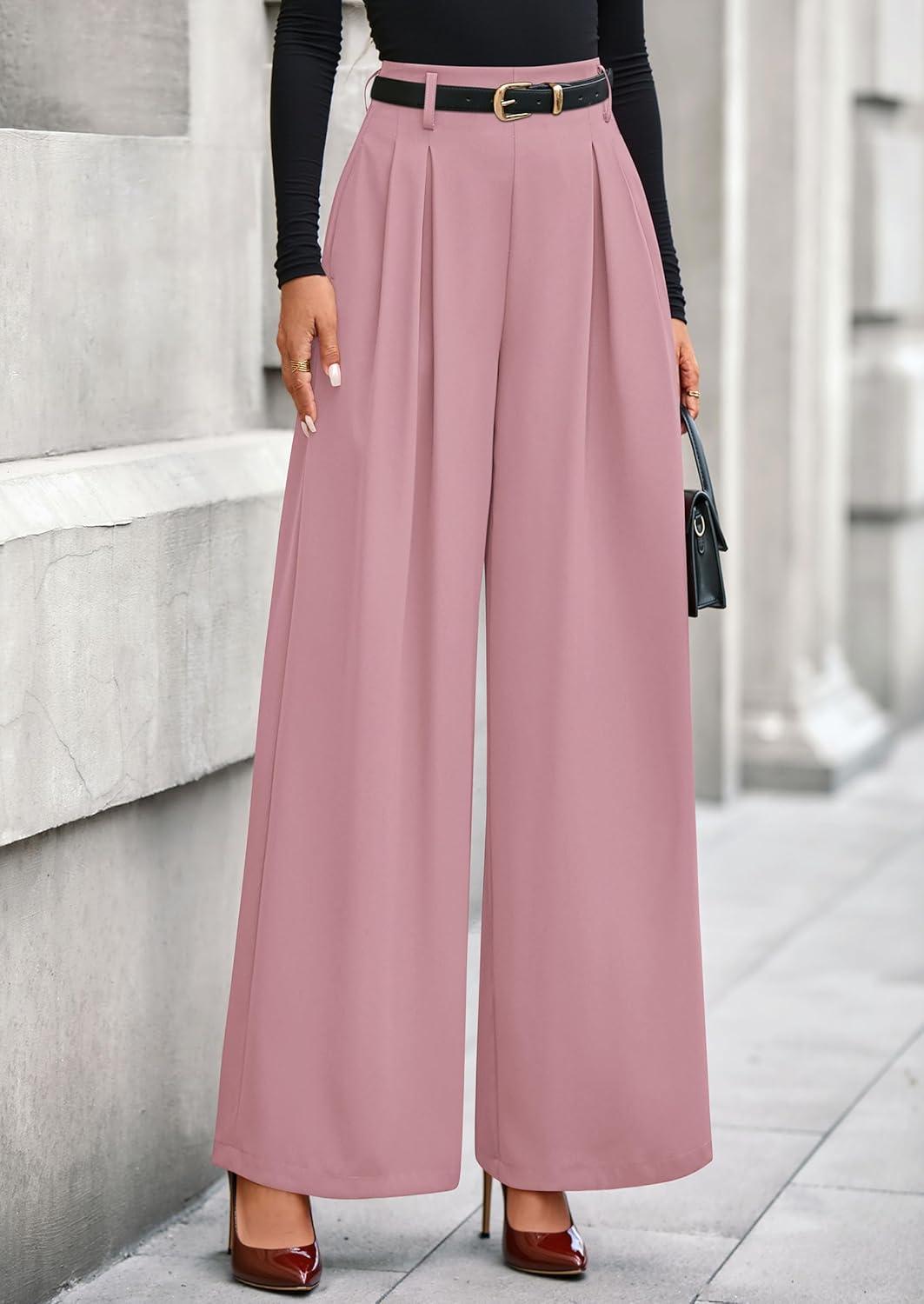 imagePRETTYGARDEN Womens Fall Wide Leg Trousers 2026 High Elastic Waist Loose Pleated Long Flowy Palazzo Work Pants with PocketsPink