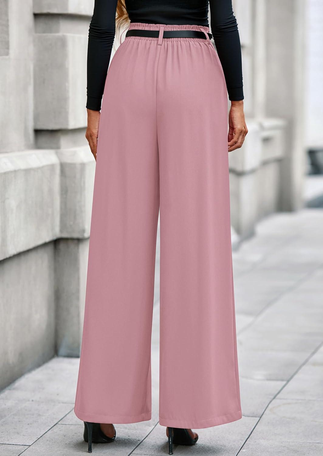 imagePRETTYGARDEN Womens Fall Wide Leg Trousers 2026 High Elastic Waist Loose Pleated Long Flowy Palazzo Work Pants with PocketsPink