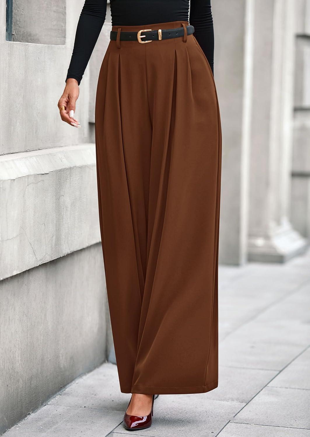imagePRETTYGARDEN Womens Fall Wide Leg Trousers 2026 High Elastic Waist Loose Pleated Long Flowy Palazzo Work Pants with PocketsRed Brown