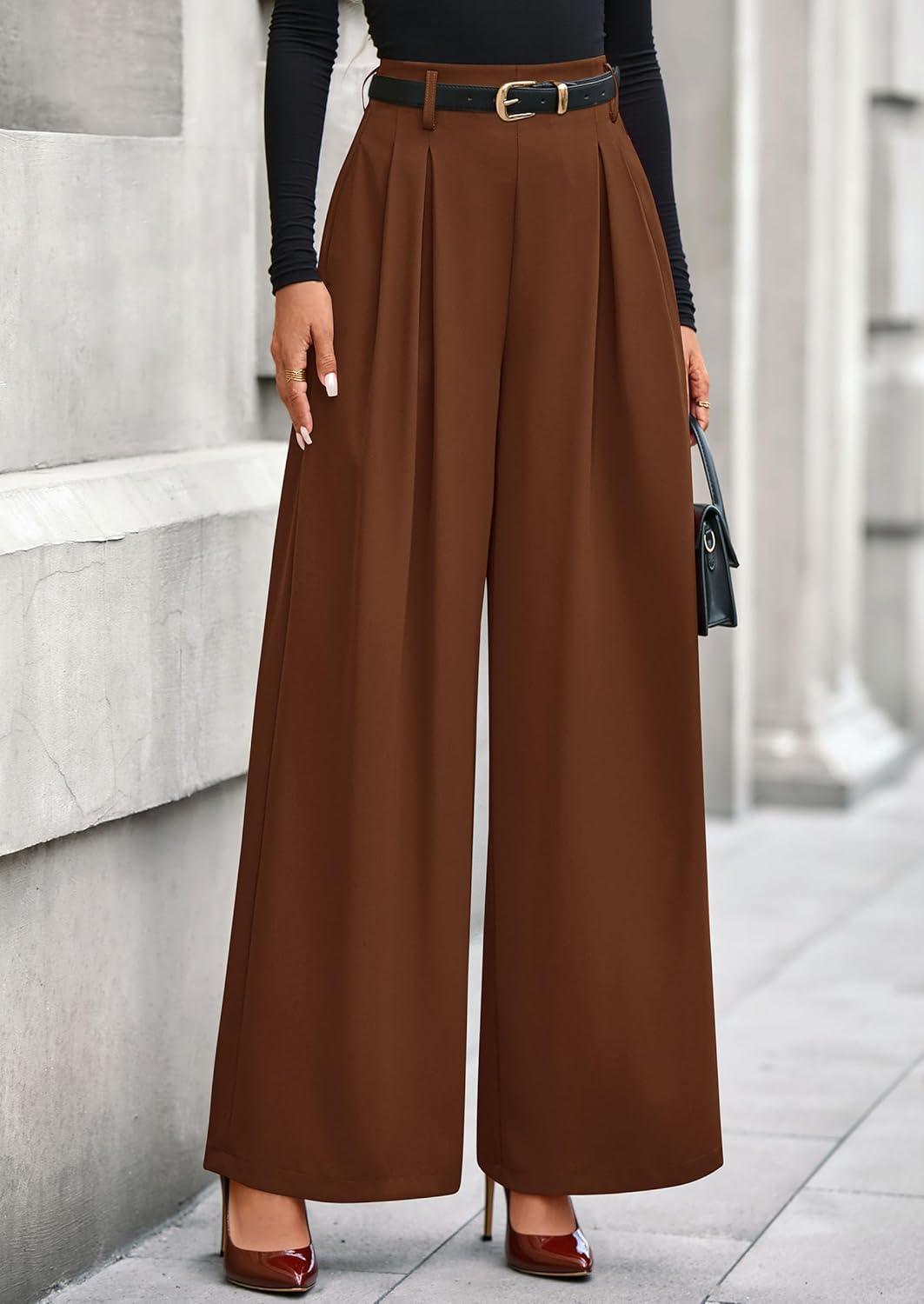 imagePRETTYGARDEN Womens Fall Wide Leg Trousers 2026 High Elastic Waist Loose Pleated Long Flowy Palazzo Work Pants with PocketsRed Brown