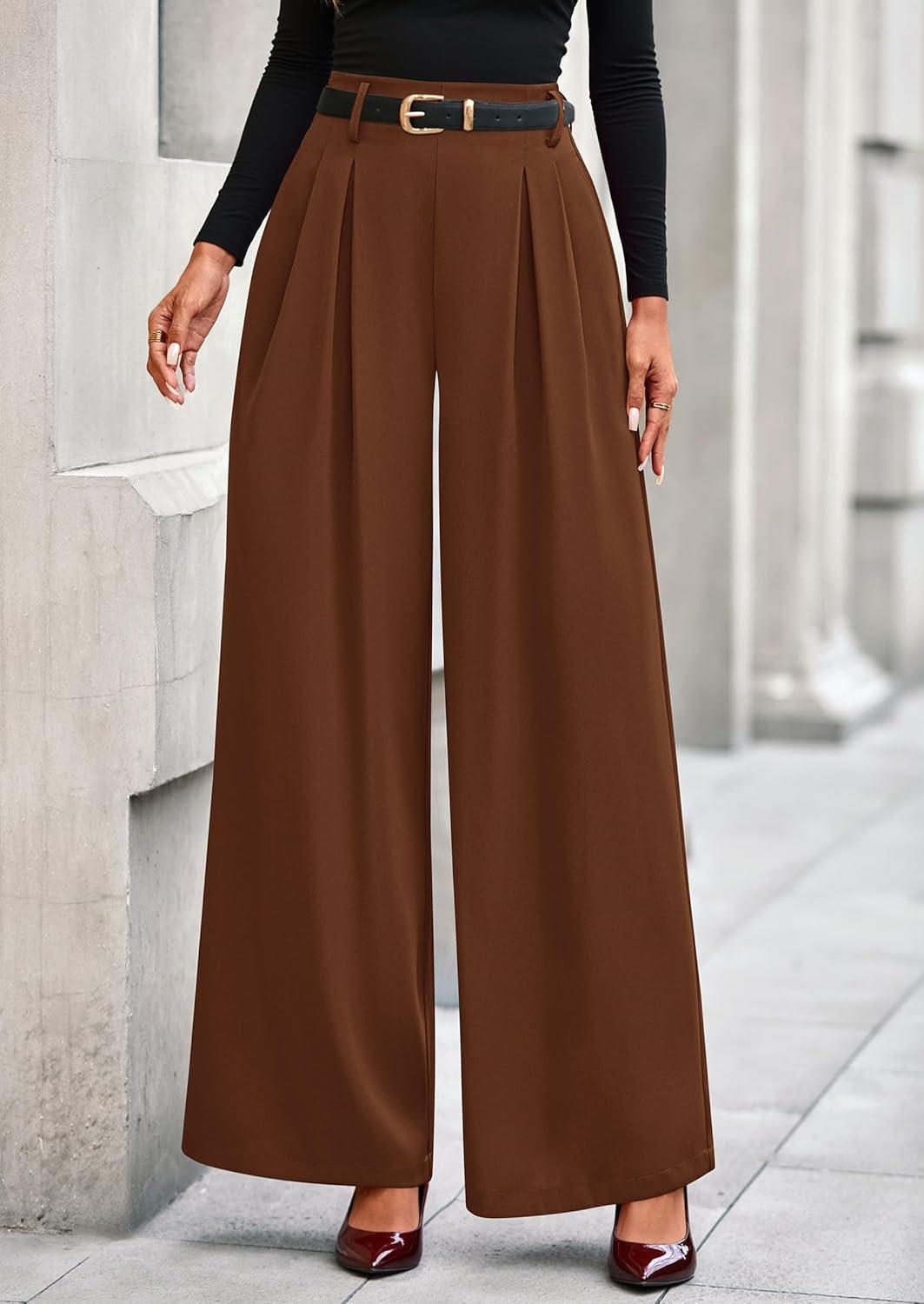imagePRETTYGARDEN Womens Fall Wide Leg Trousers 2026 High Elastic Waist Loose Pleated Long Flowy Palazzo Work Pants with PocketsRed Brown