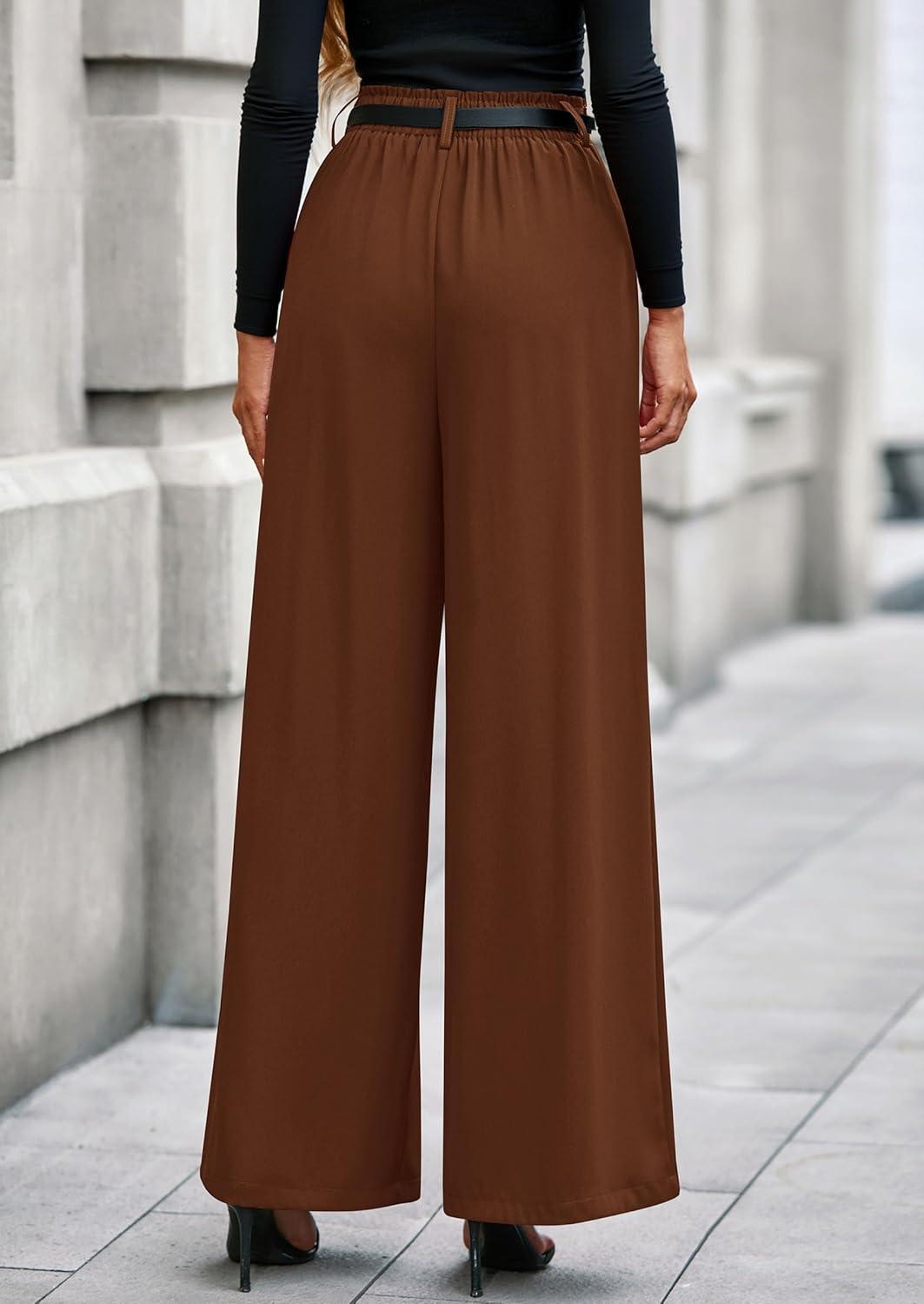 imagePRETTYGARDEN Womens Fall Wide Leg Trousers 2026 High Elastic Waist Loose Pleated Long Flowy Palazzo Work Pants with PocketsRed Brown