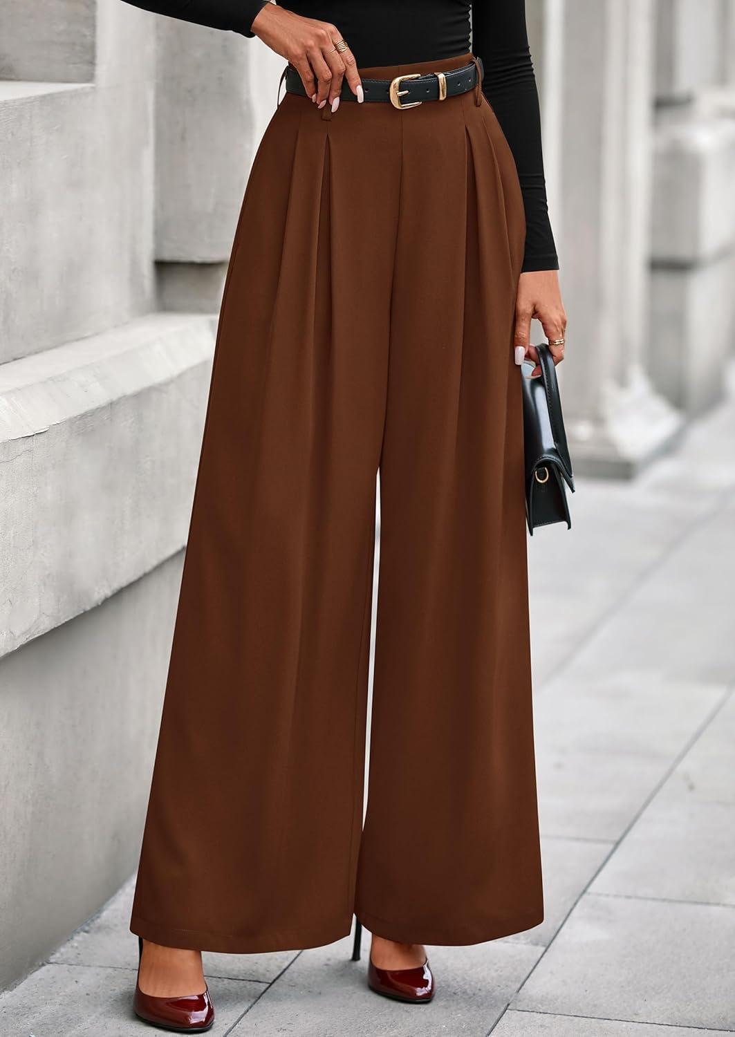 imagePRETTYGARDEN Womens Fall Wide Leg Trousers 2026 High Elastic Waist Loose Pleated Long Flowy Palazzo Work Pants with PocketsRed Brown