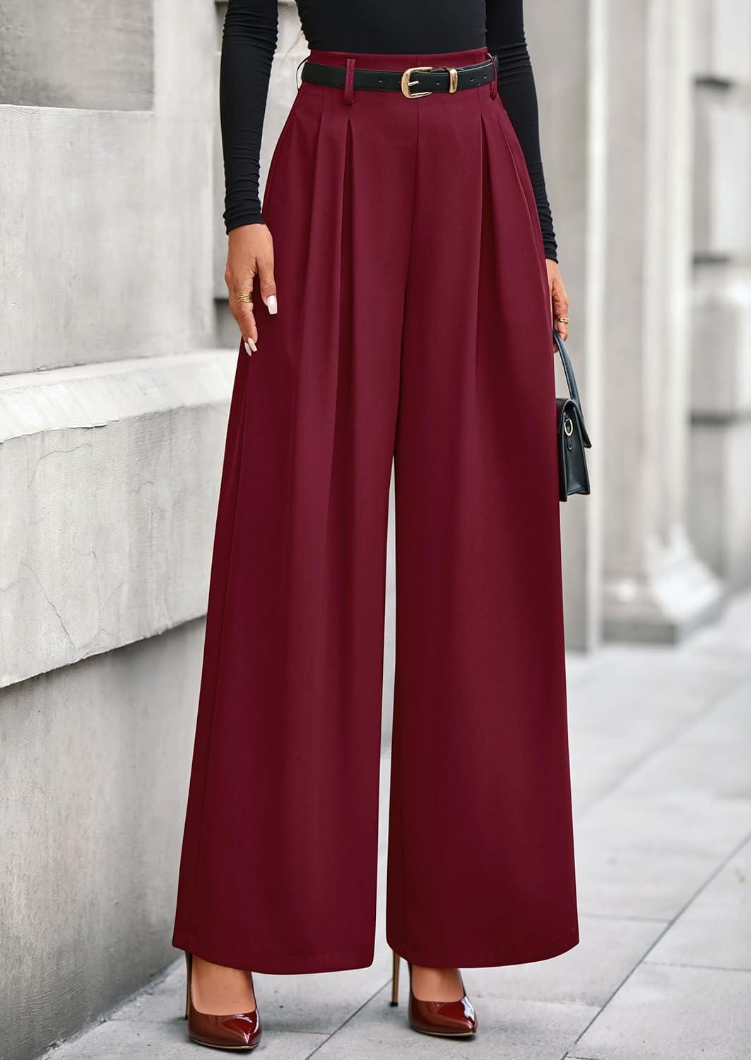 imagePRETTYGARDEN Womens Fall Wide Leg Trousers 2026 High Elastic Waist Loose Pleated Long Flowy Palazzo Work Pants with PocketsWine Red