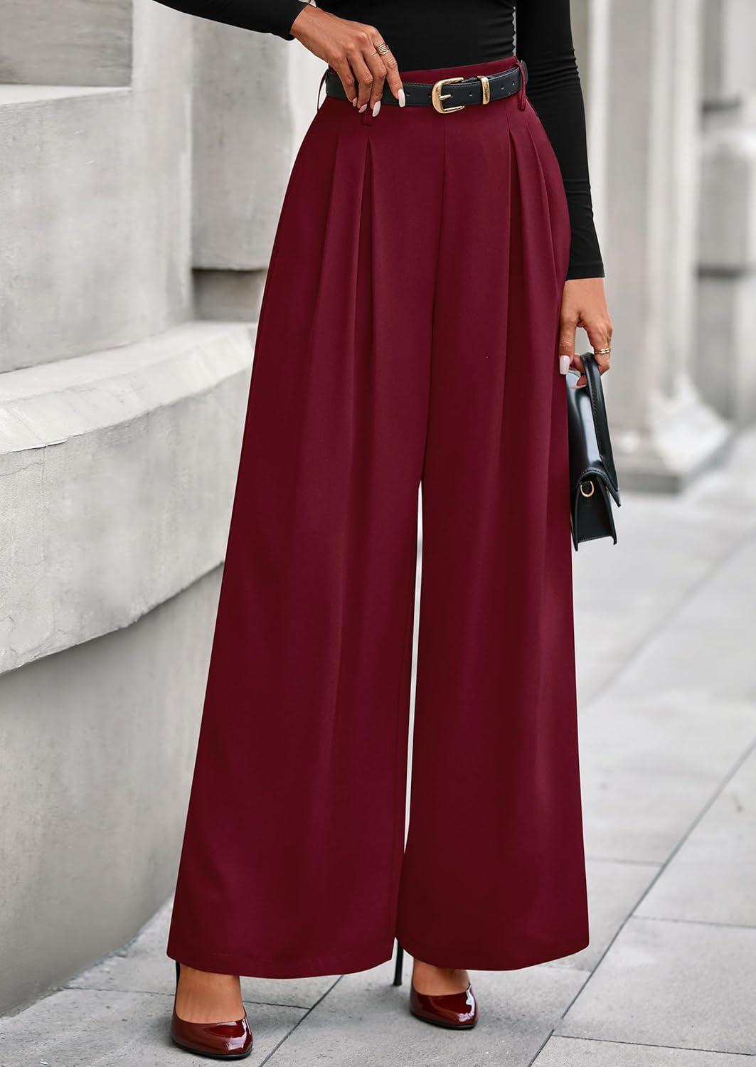 imagePRETTYGARDEN Womens Fall Wide Leg Trousers 2026 High Elastic Waist Loose Pleated Long Flowy Palazzo Work Pants with PocketsWine Red