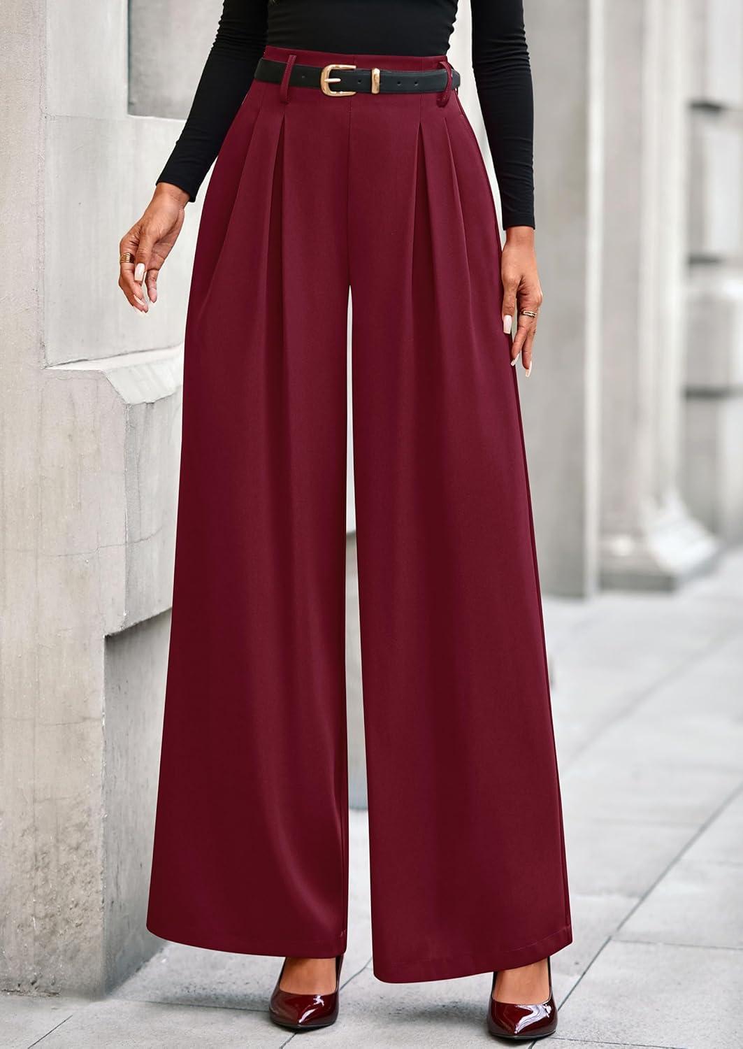 imagePRETTYGARDEN Womens Fall Wide Leg Trousers 2026 High Elastic Waist Loose Pleated Long Flowy Palazzo Work Pants with PocketsWine Red