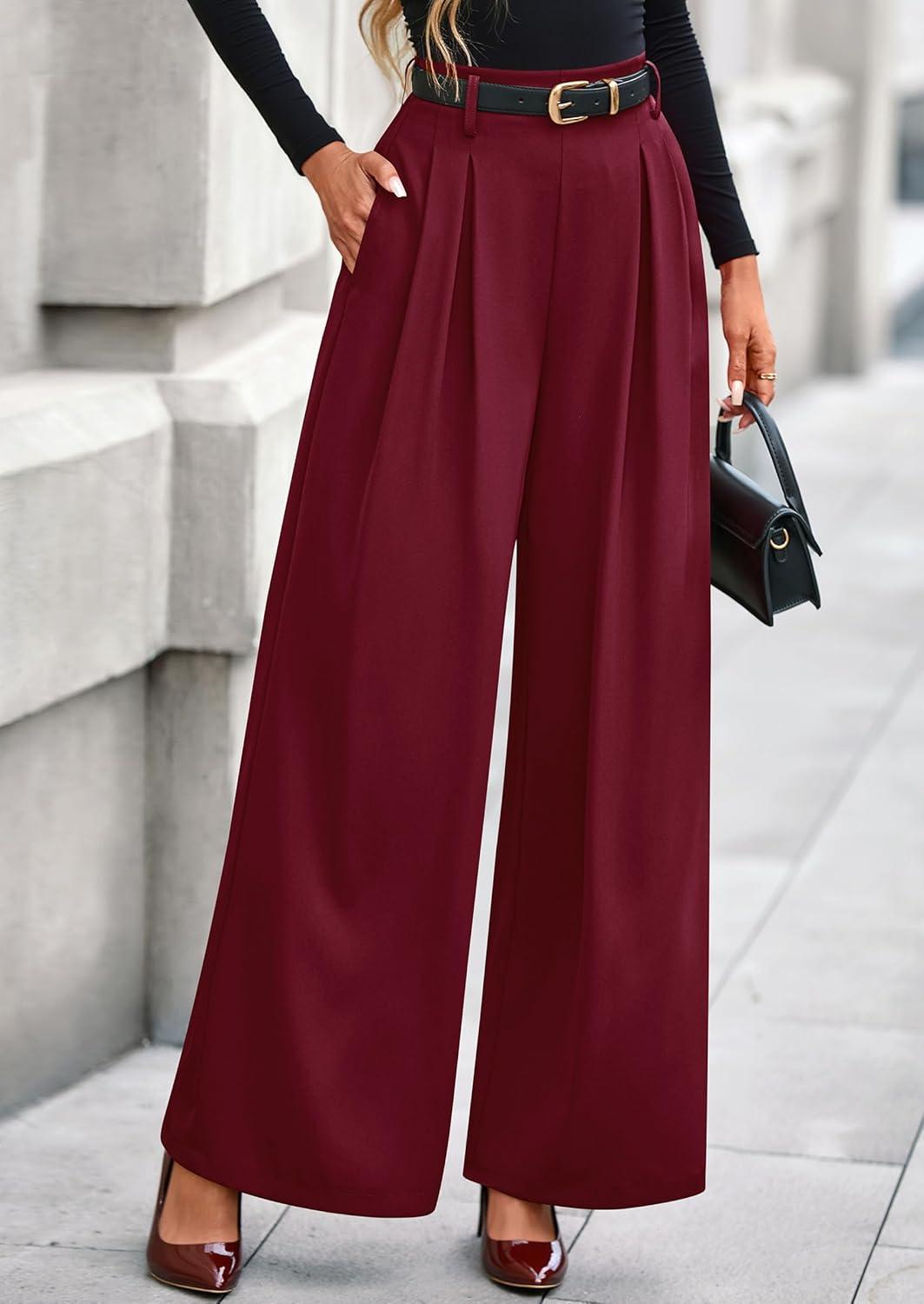 imagePRETTYGARDEN Womens Fall Wide Leg Trousers 2026 High Elastic Waist Loose Pleated Long Flowy Palazzo Work Pants with PocketsWine Red