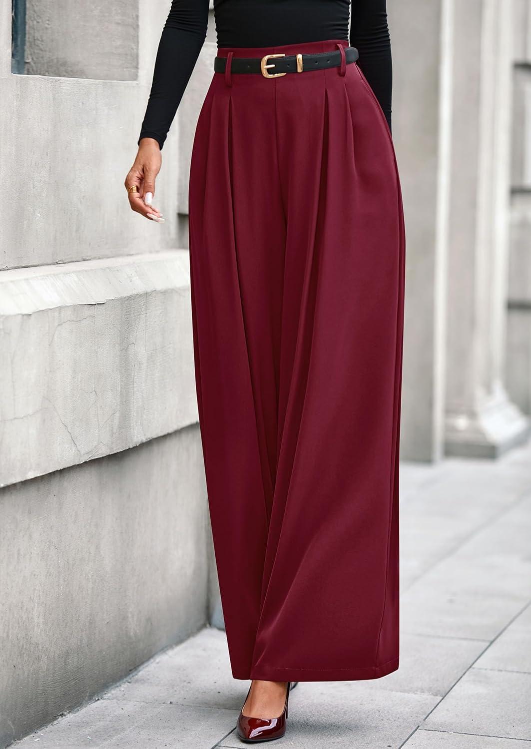 imagePRETTYGARDEN Womens Fall Wide Leg Trousers 2026 High Elastic Waist Loose Pleated Long Flowy Palazzo Work Pants with PocketsWine Red