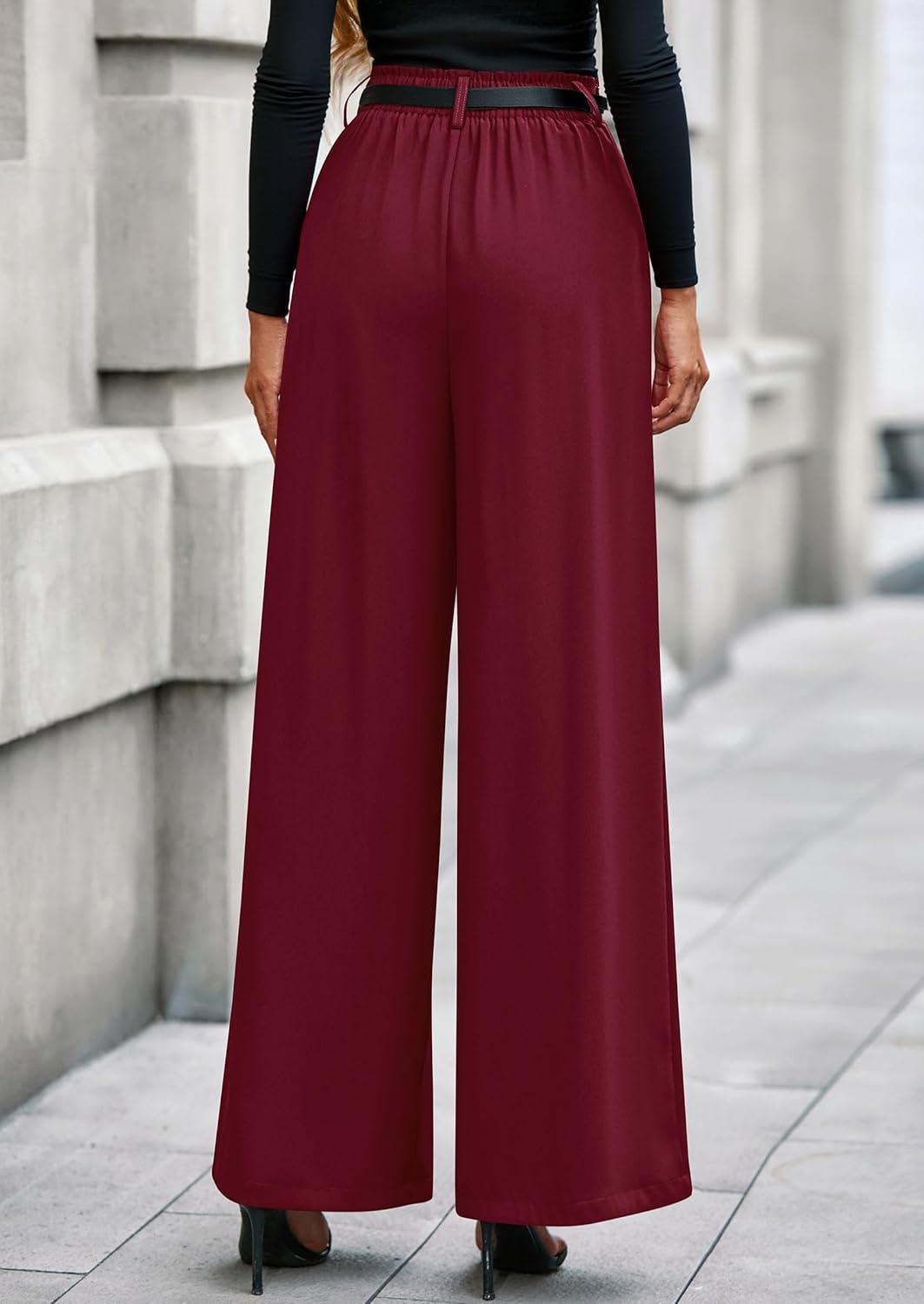 imagePRETTYGARDEN Womens Fall Wide Leg Trousers 2026 High Elastic Waist Loose Pleated Long Flowy Palazzo Work Pants with PocketsWine Red