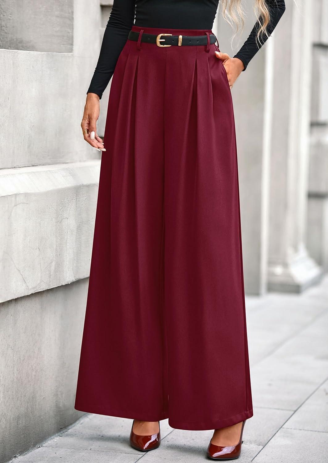 imagePRETTYGARDEN Womens Fall Wide Leg Trousers 2026 High Elastic Waist Loose Pleated Long Flowy Palazzo Work Pants with PocketsWine Red