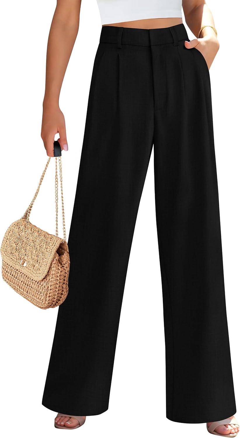 imagePRETTYGARDEN Womens Summer Elastic High Waisted Work Pants Straight Leg Dressy Business Casual Trousers Slacks PocketsBlack