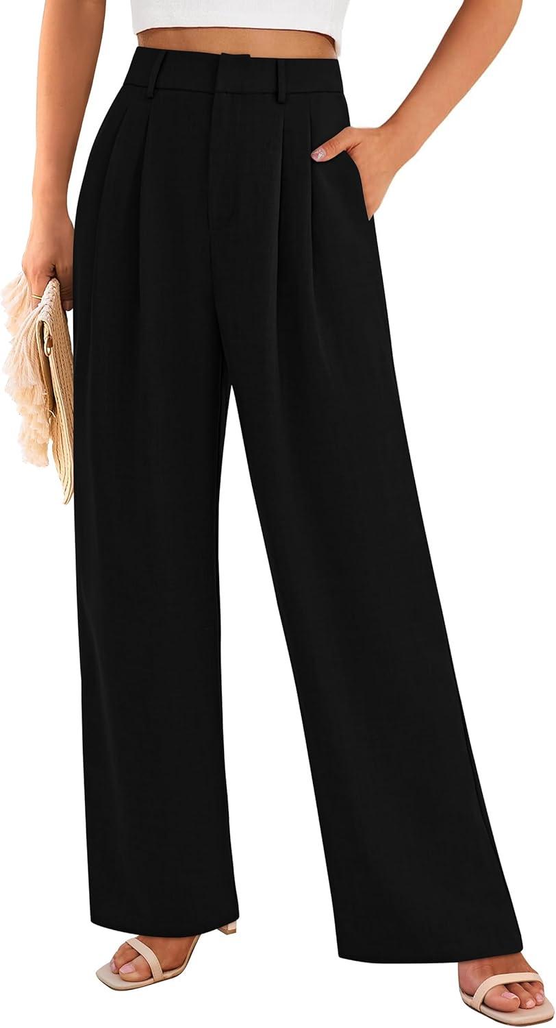 imagePRETTYGARDEN Womens Summer Elastic High Waisted Work Pants Straight Leg Dressy Business Casual Trousers Slacks PocketsBlack