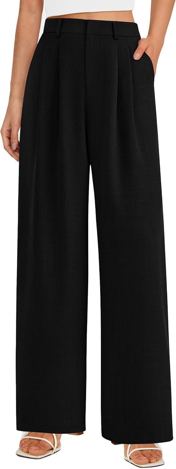 imagePRETTYGARDEN Womens Summer Elastic High Waisted Work Pants Straight Leg Dressy Business Casual Trousers Slacks PocketsBlack