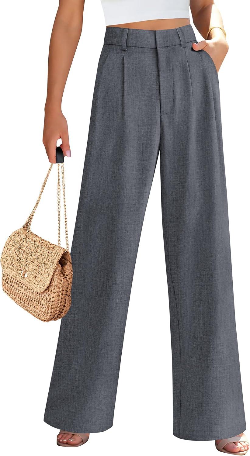 imagePRETTYGARDEN Womens Summer Elastic High Waisted Work Pants Straight Leg Dressy Business Casual Trousers Slacks PocketsDark Grey
