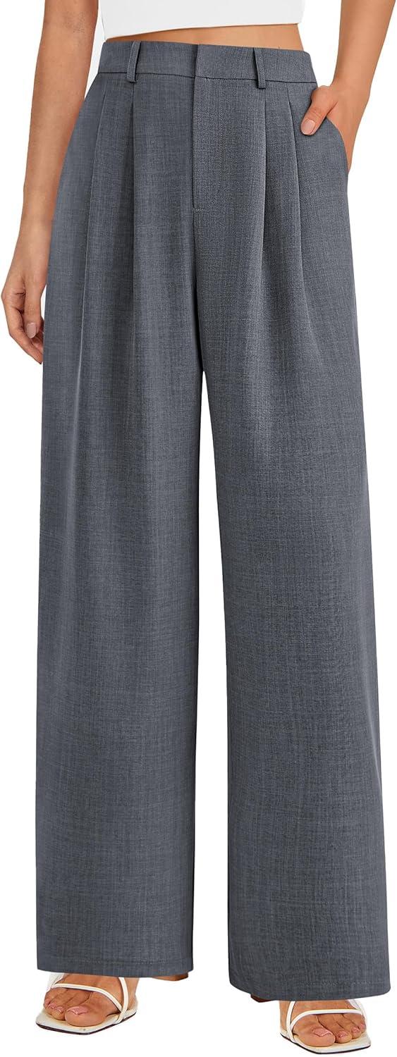 imagePRETTYGARDEN Womens Summer Elastic High Waisted Work Pants Straight Leg Dressy Business Casual Trousers Slacks PocketsDark Grey