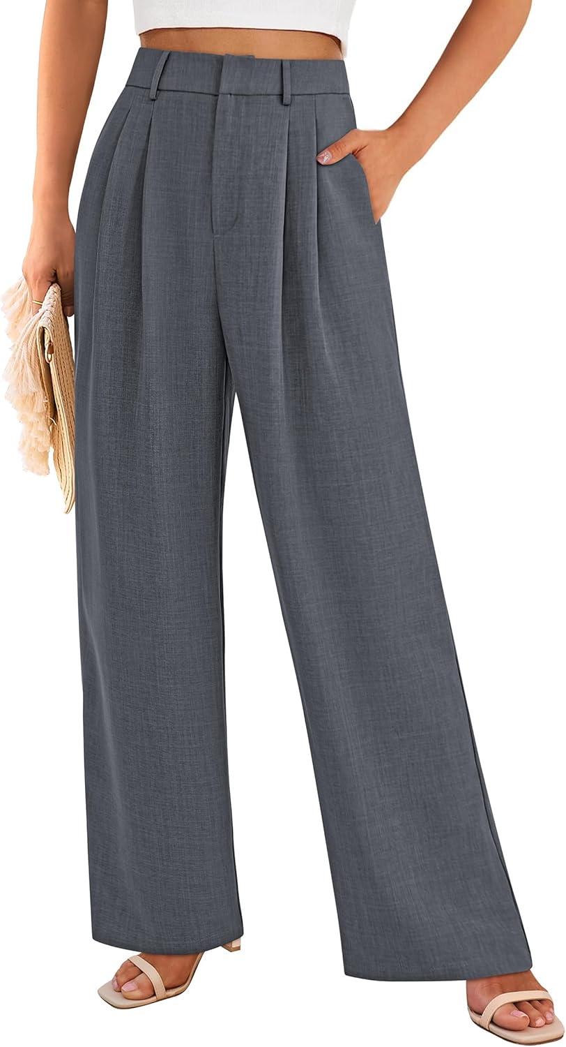imagePRETTYGARDEN Womens Summer Elastic High Waisted Work Pants Straight Leg Dressy Business Casual Trousers Slacks PocketsDark Grey