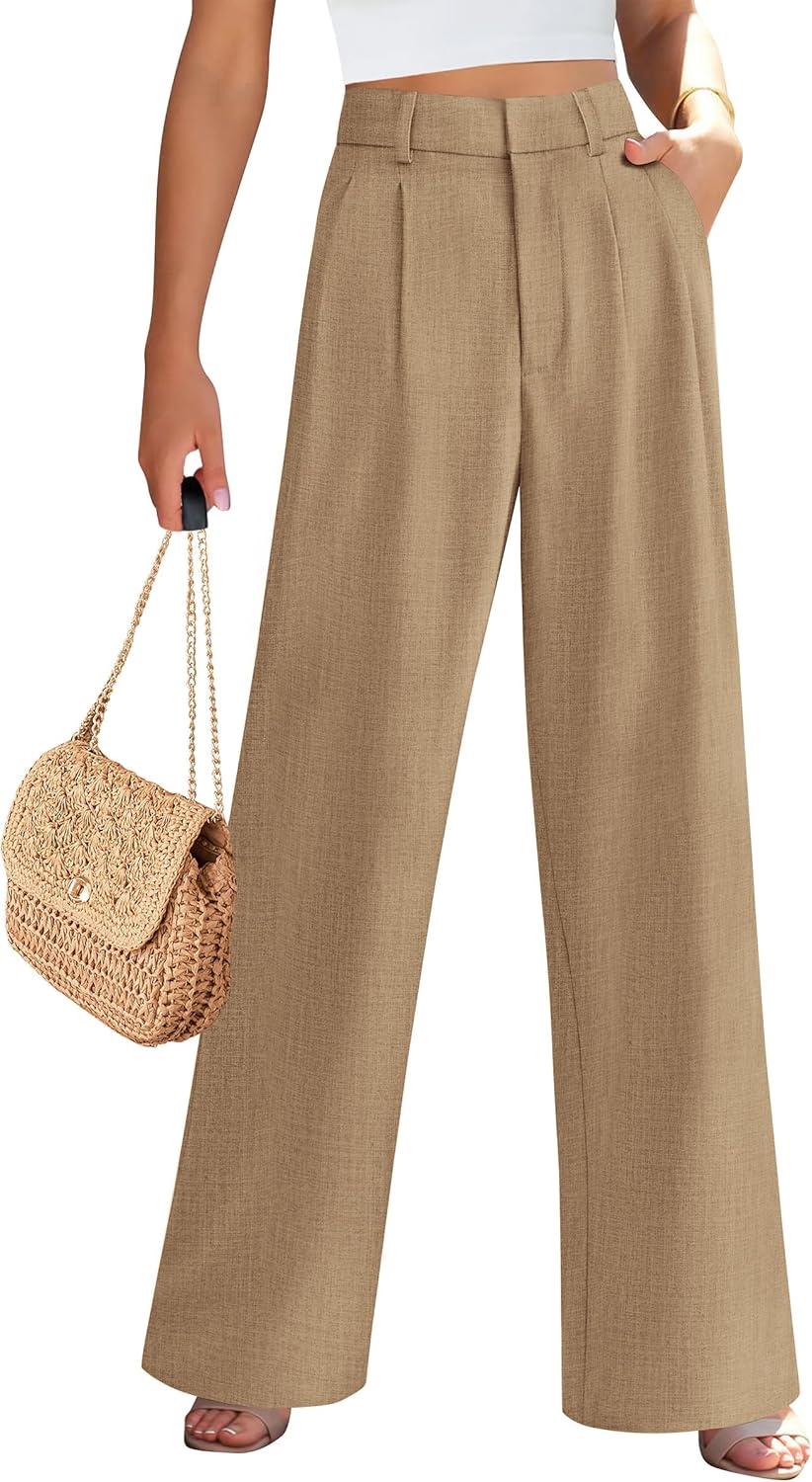 imagePRETTYGARDEN Womens Summer Elastic High Waisted Work Pants Straight Leg Dressy Business Casual Trousers Slacks PocketsKhaki