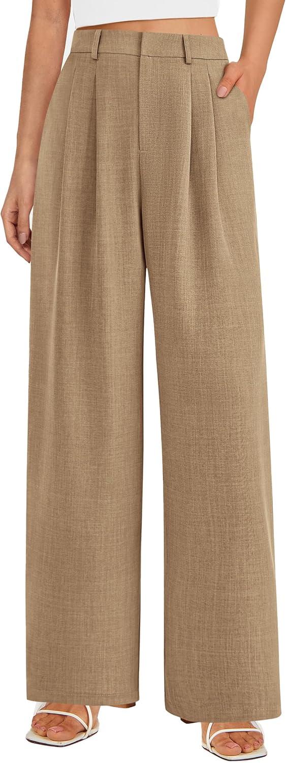 imagePRETTYGARDEN Womens Summer Elastic High Waisted Work Pants Straight Leg Dressy Business Casual Trousers Slacks PocketsKhaki