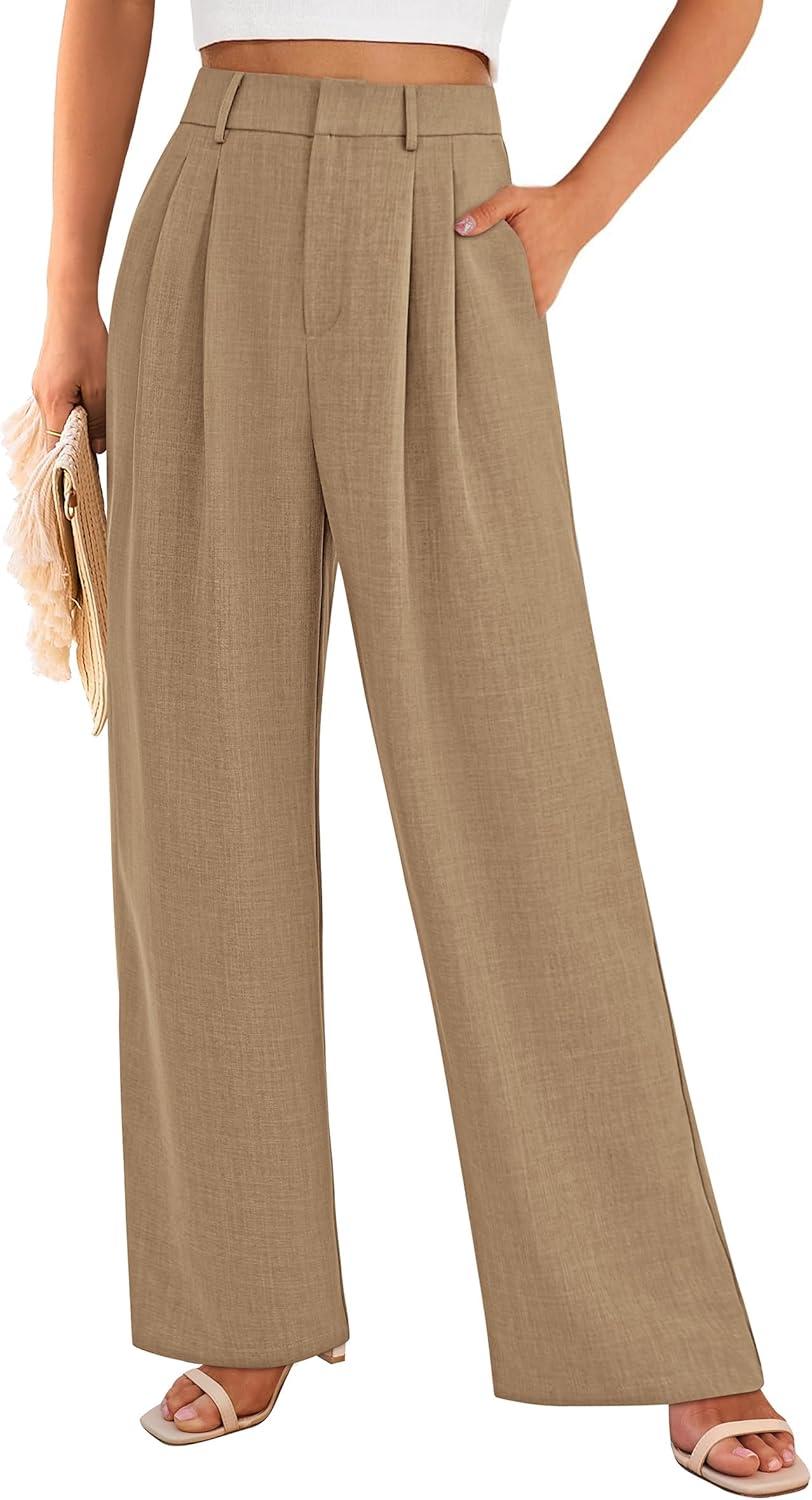 imagePRETTYGARDEN Womens Summer Elastic High Waisted Work Pants Straight Leg Dressy Business Casual Trousers Slacks PocketsKhaki