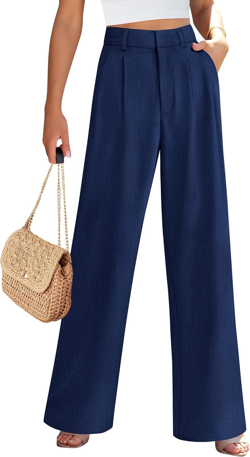 imagePRETTYGARDEN Womens Summer Elastic High Waisted Work Pants Straight Leg Dressy Business Casual Trousers Slacks PocketsNavy