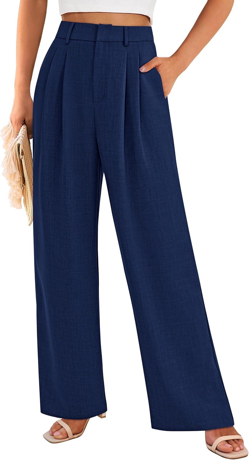 imagePRETTYGARDEN Womens Summer Elastic High Waisted Work Pants Straight Leg Dressy Business Casual Trousers Slacks PocketsNavy