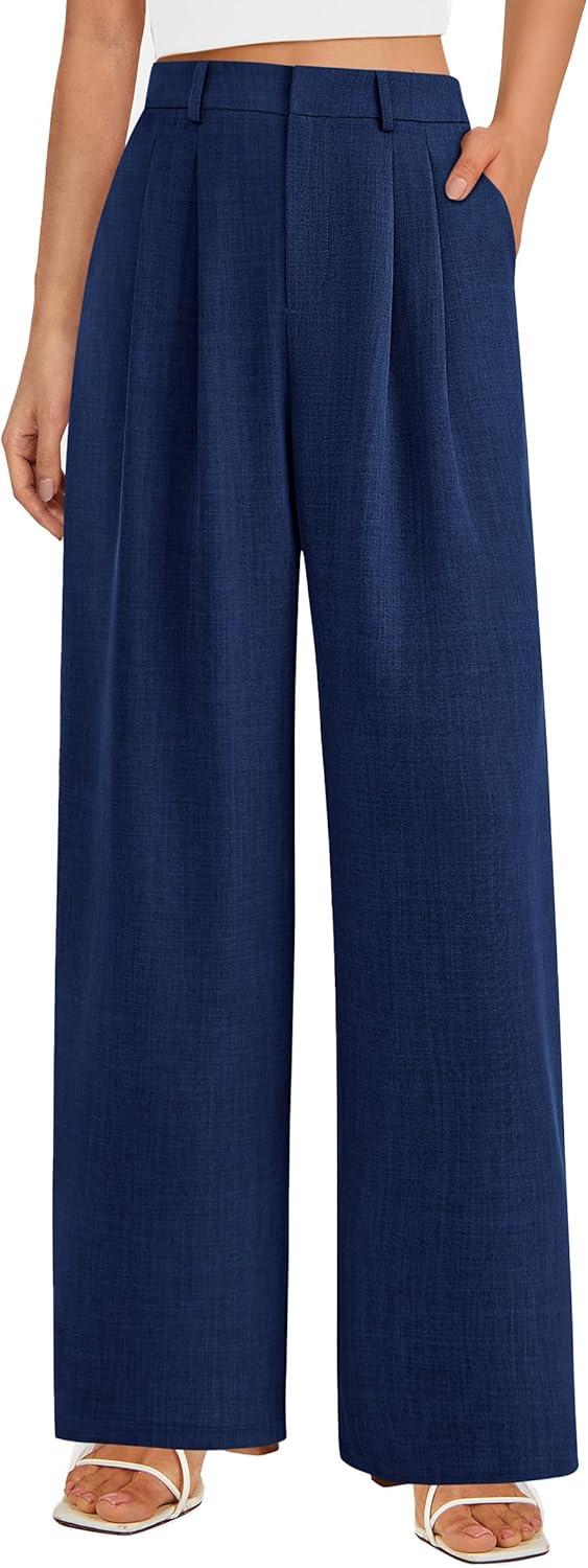 imagePRETTYGARDEN Womens Summer Elastic High Waisted Work Pants Straight Leg Dressy Business Casual Trousers Slacks PocketsNavy