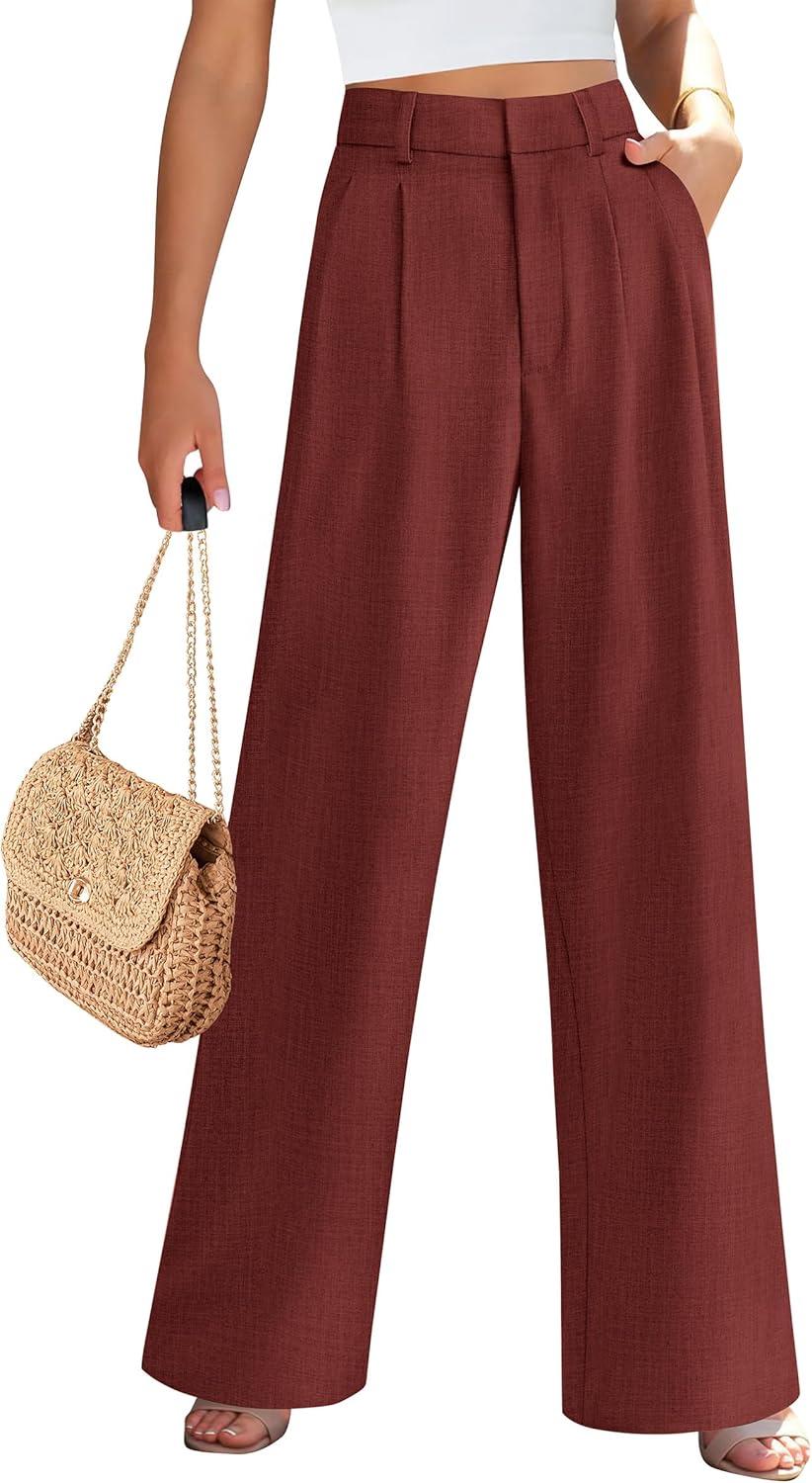 imagePRETTYGARDEN Womens Summer Elastic High Waisted Work Pants Straight Leg Dressy Business Casual Trousers Slacks PocketsRust Red