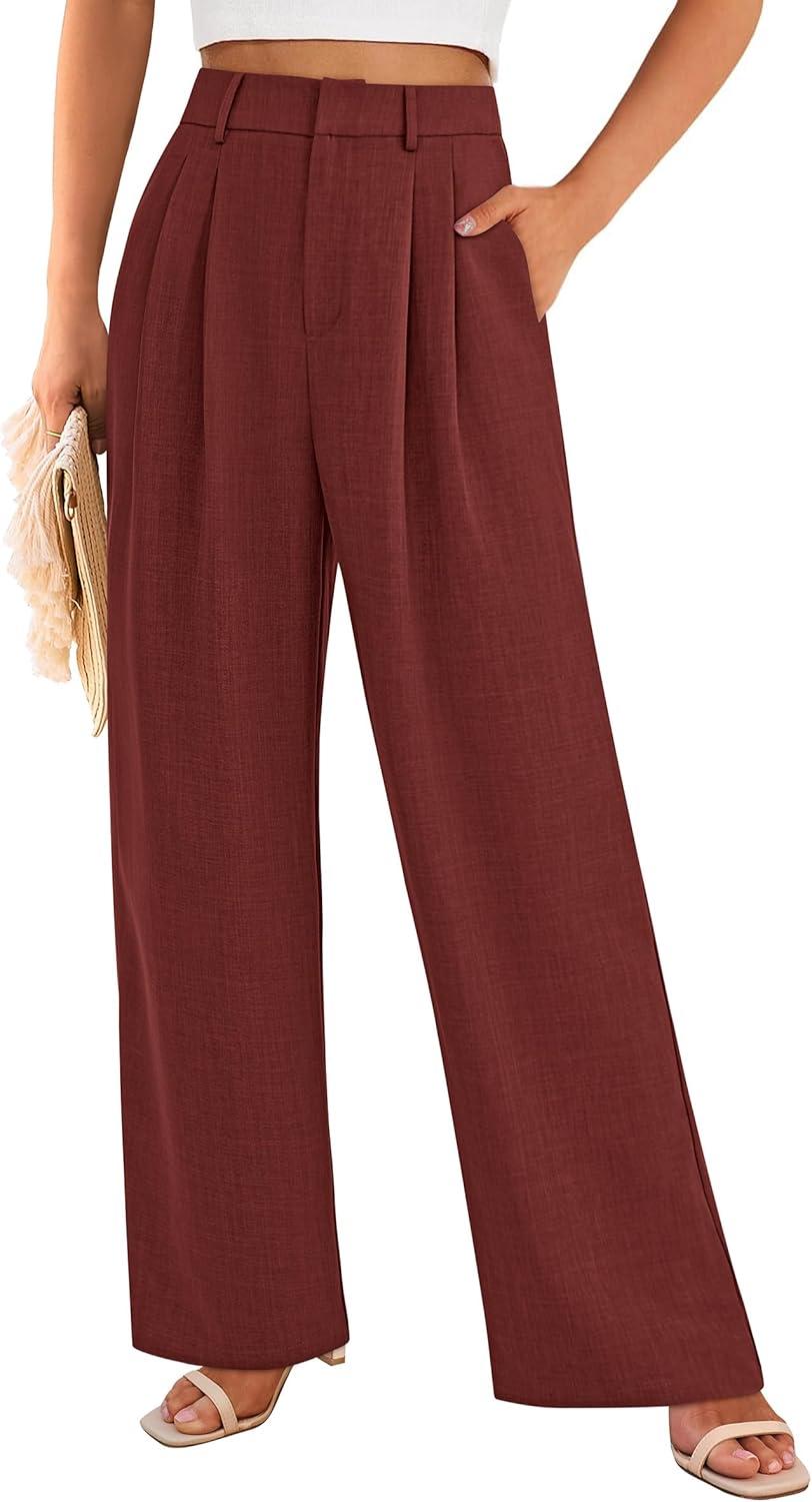 imagePRETTYGARDEN Womens Summer Elastic High Waisted Work Pants Straight Leg Dressy Business Casual Trousers Slacks PocketsRust Red