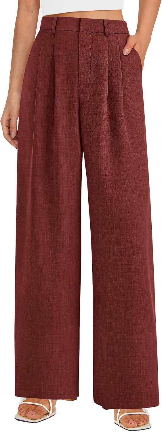 imagePRETTYGARDEN Womens Summer Elastic High Waisted Work Pants Straight Leg Dressy Business Casual Trousers Slacks PocketsRust Red