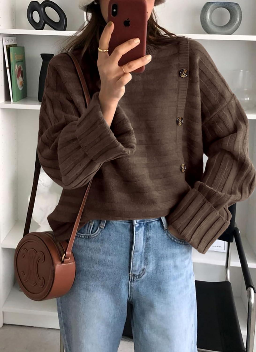 imagePRETTYGARDEN Womens Sweaters Fall 2026 Casual Long Sleeve Crewneck Button Loose Winter Knit Pullover Sweater TopsCoffee