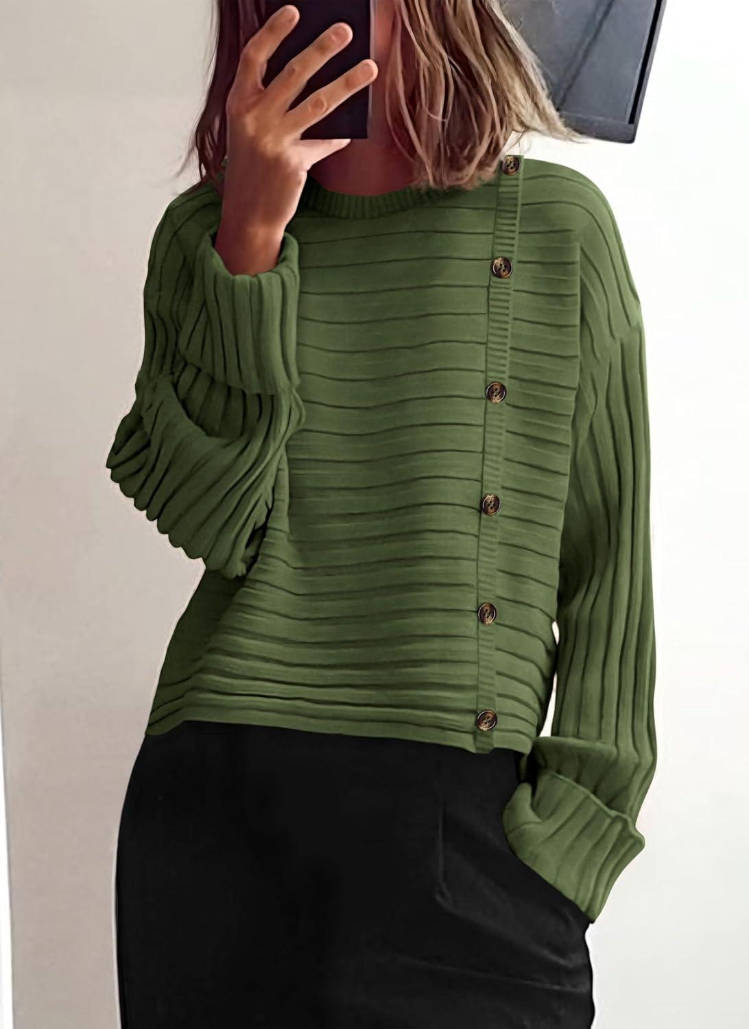 imagePRETTYGARDEN Womens Sweaters Fall 2026 Casual Long Sleeve Crewneck Button Loose Winter Knit Pullover Sweater TopsLight Army Green