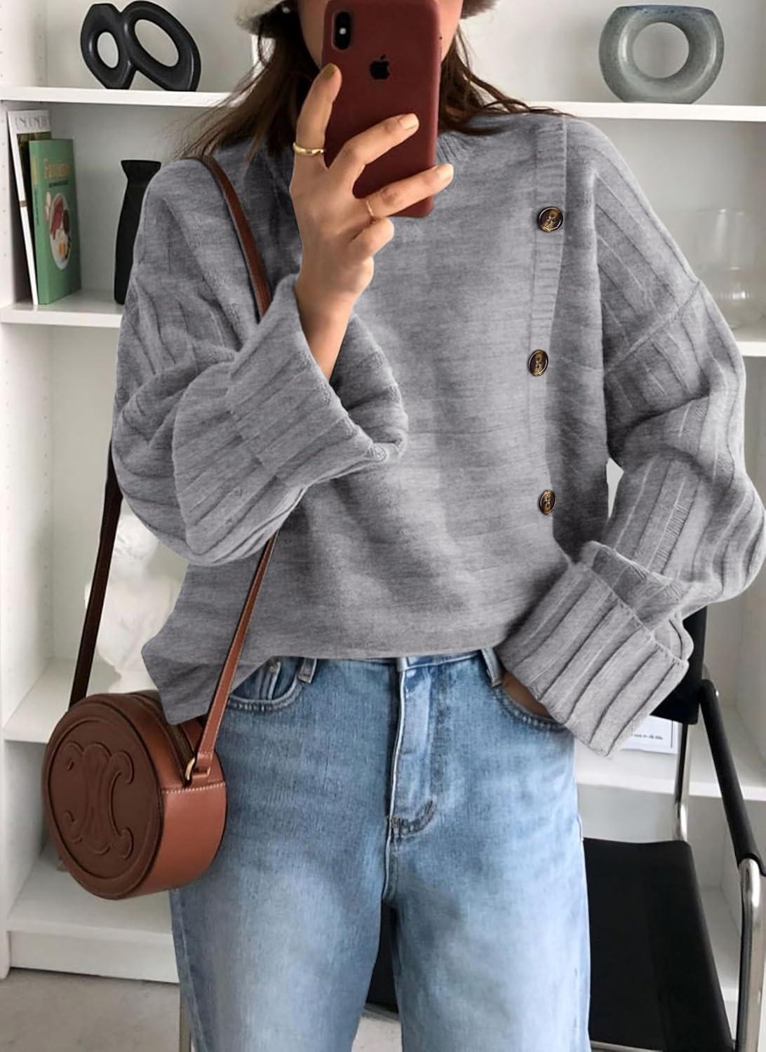 imagePRETTYGARDEN Womens Sweaters Fall 2026 Casual Long Sleeve Crewneck Button Loose Winter Knit Pullover Sweater TopsLight Grey