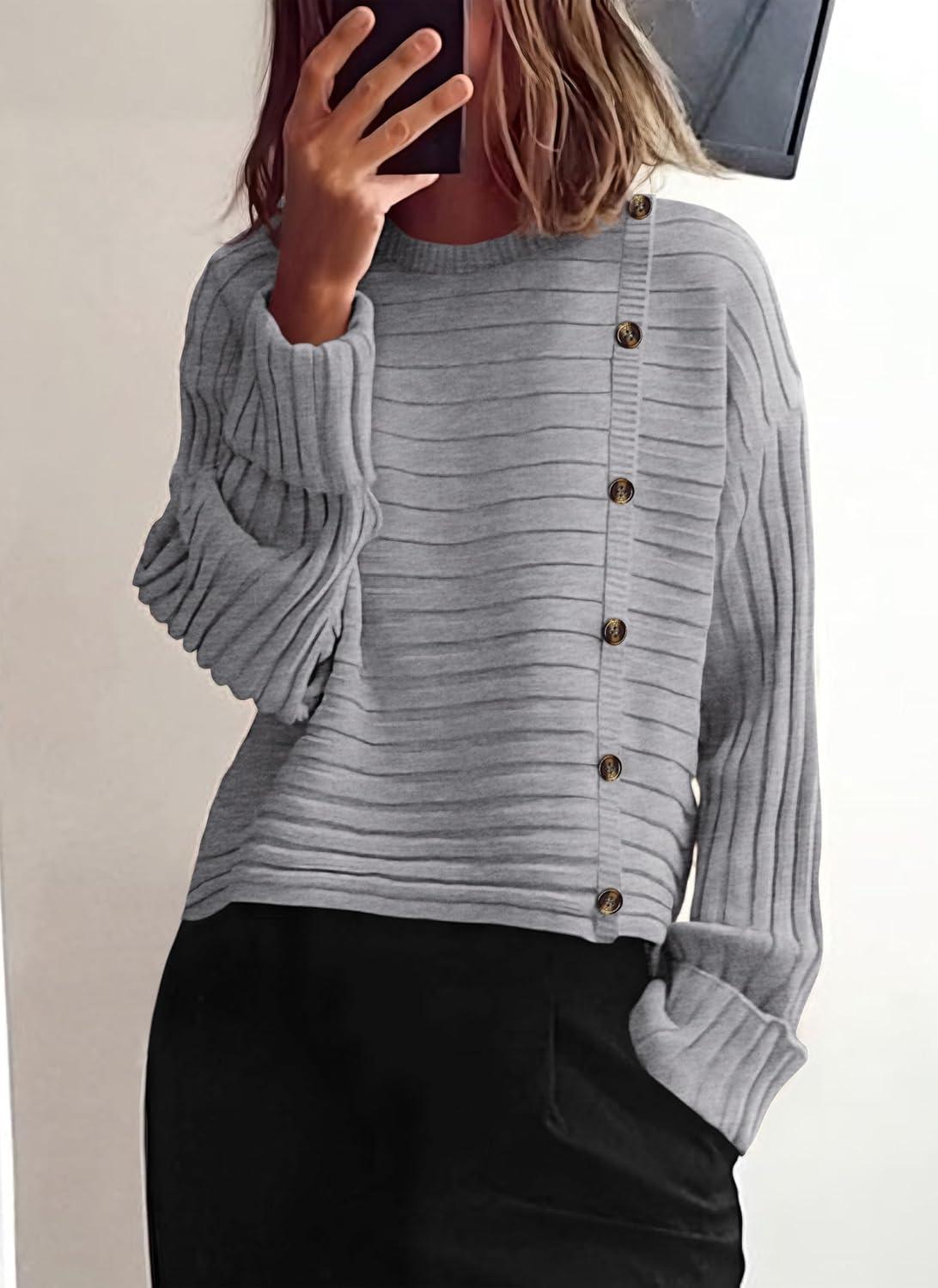 imagePRETTYGARDEN Womens Sweaters Fall 2026 Casual Long Sleeve Crewneck Button Loose Winter Knit Pullover Sweater TopsLight Grey