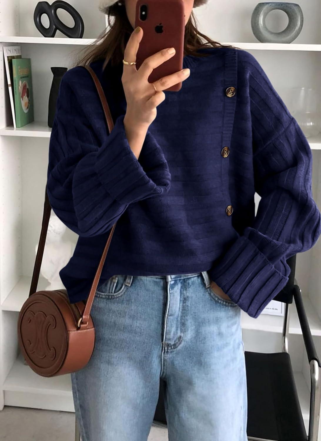 imagePRETTYGARDEN Womens Sweaters Fall 2026 Casual Long Sleeve Crewneck Button Loose Winter Knit Pullover Sweater TopsNavy