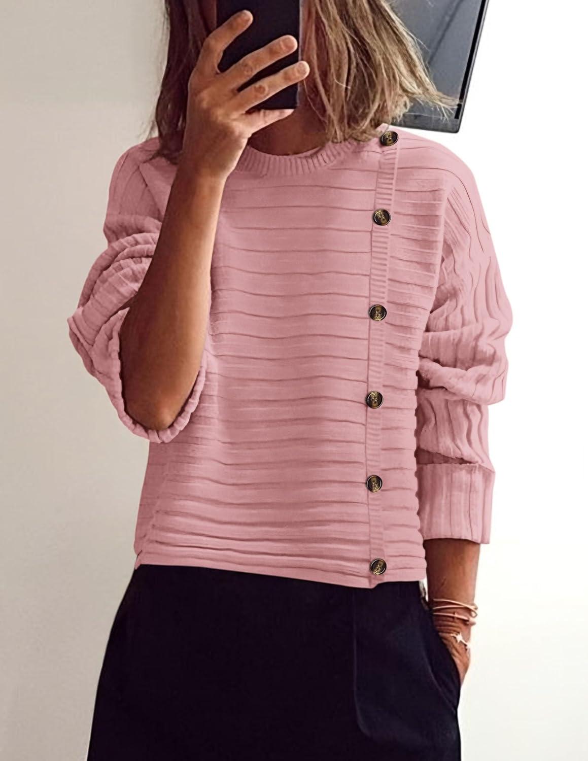 imagePRETTYGARDEN Womens Sweaters Fall 2026 Casual Long Sleeve Crewneck Button Loose Winter Knit Pullover Sweater TopsPink