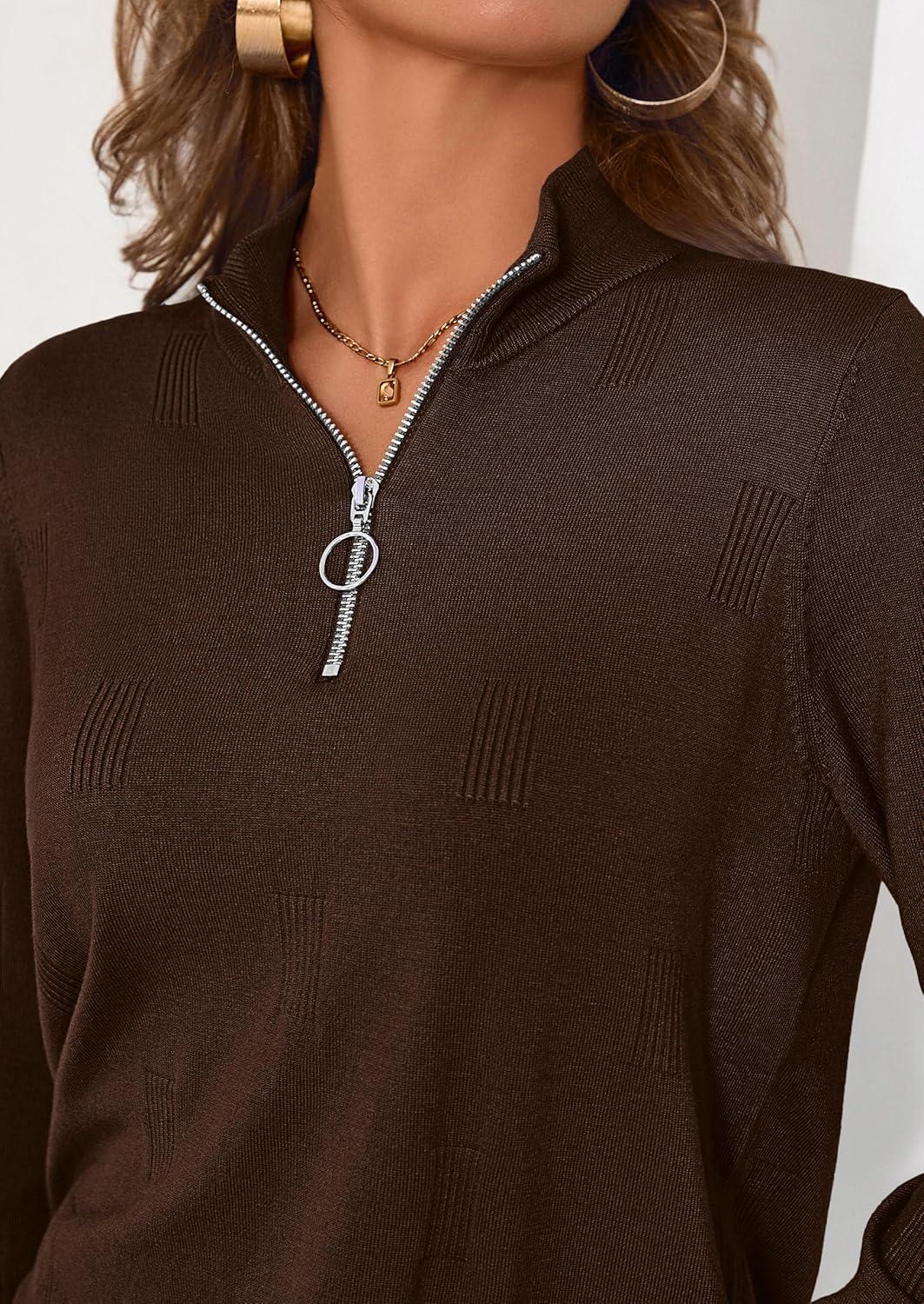 imagePRETTYGARDEN Womens Sweaters Quarter Zip Knit Long Sleeve Business Casual Pullover Tops 2025 Fall Fashion Work OutfitsBrown
